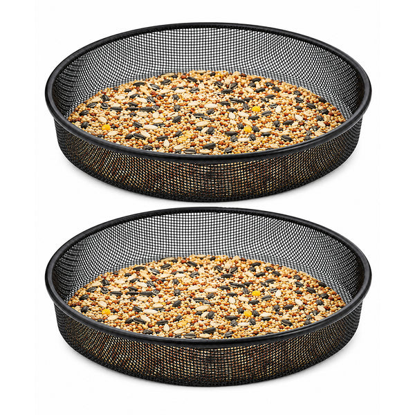 2 pack black mesh bird feeder trays with mixed seed, product shot