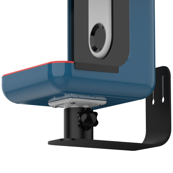 Bird Buddy feeder on black metal wall mount bracket, front view